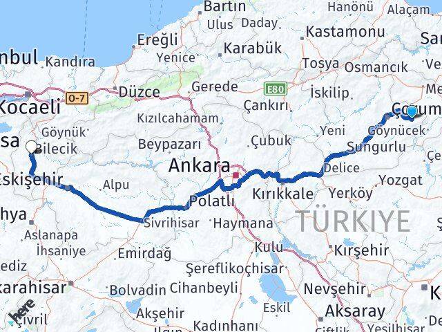 Çorum Mecitözü Bilecik Arası Kaç Km - Yol Haritası