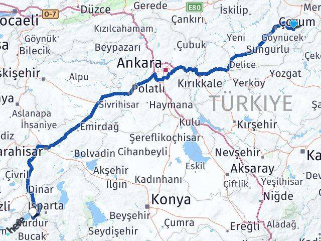 Çorum Mecitözü Burdur Arası Kaç Km - Yol Haritası