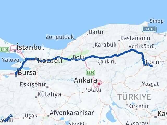 Çorum Mecitözü Bursa Arası Kaç Km - Yol Haritası