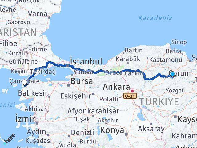 Çorum Mecitözü Çanakkale Arası Kaç Km - Yol Haritası