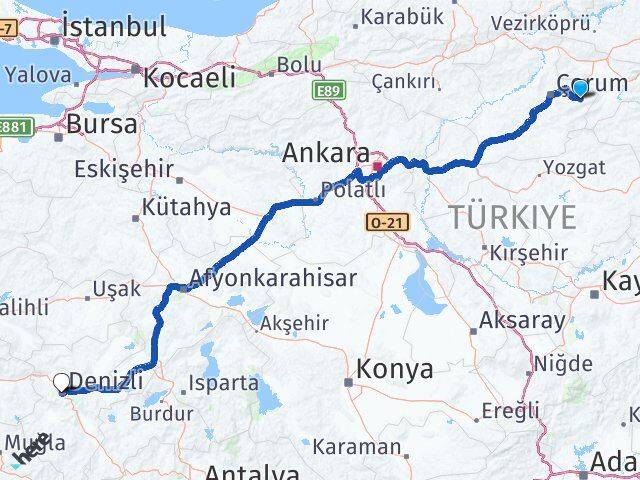 Çorum Mecitözü Denizli Arası Kaç Km - Yol Haritası