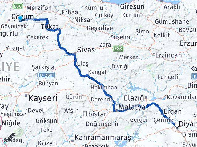 Çorum Mecitözü Diyarbakır Arası Kaç Km - Yol Haritası