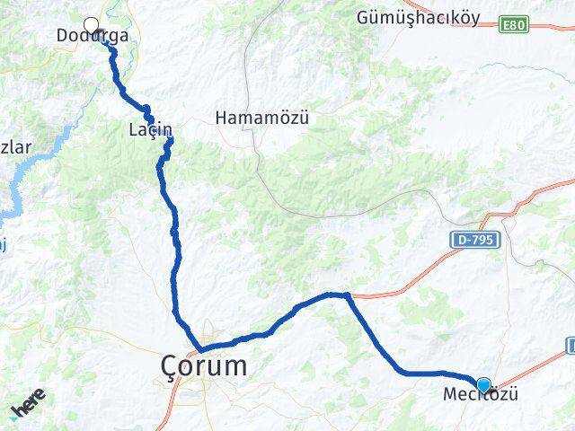 Çorum Mecitözü Dodurga Arası Kaç Km - Yol Haritası