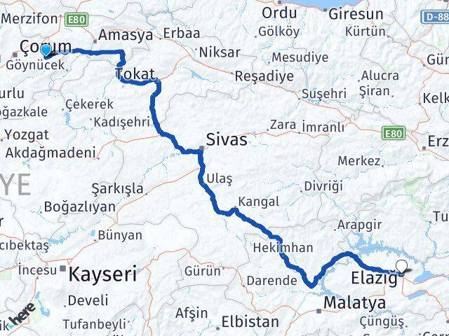 Çorum Mecitözü Elazığ Arası Kaç Km - Yol Haritası