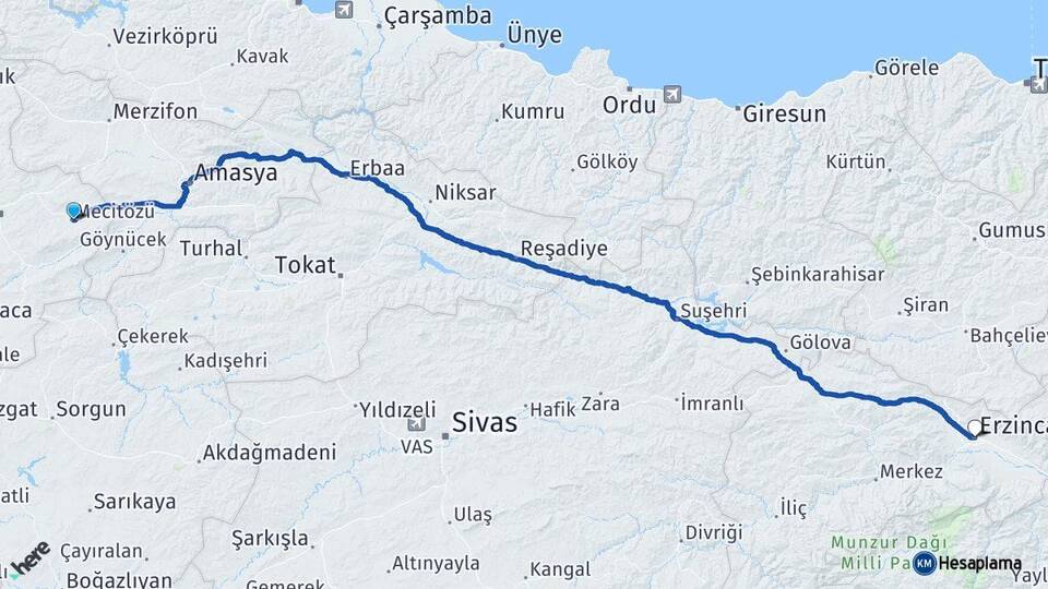 Çorum Mecitözü Erzincan Arası Kaç Km - Yol Haritası