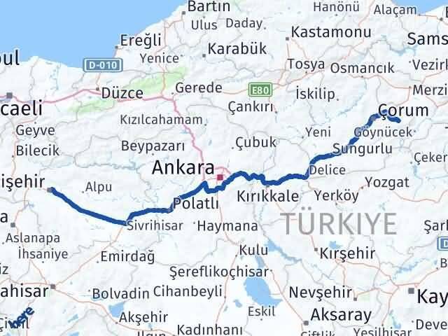Çorum Mecitözü Eskişehir Arası Kaç Km - Yol Haritası
