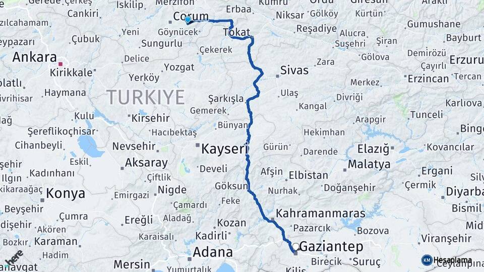 Çorum Mecitözü Gaziantep Arası Kaç Km - Yol Haritası