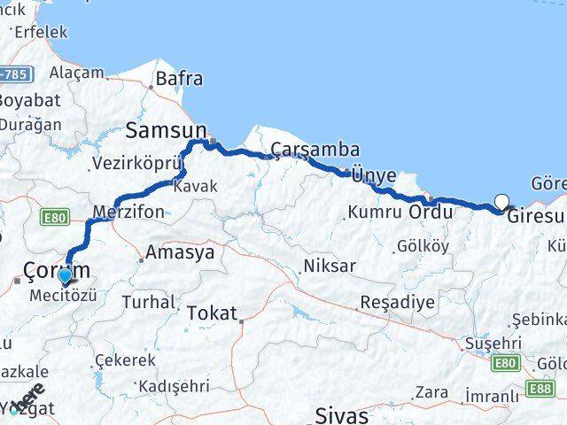 Çorum Mecitözü Giresun Arası Kaç Km - Yol Haritası