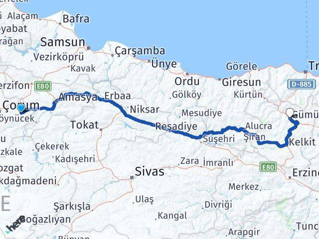 Çorum Mecitözü Gümüşhane Arası Kaç Km - Yol Haritası