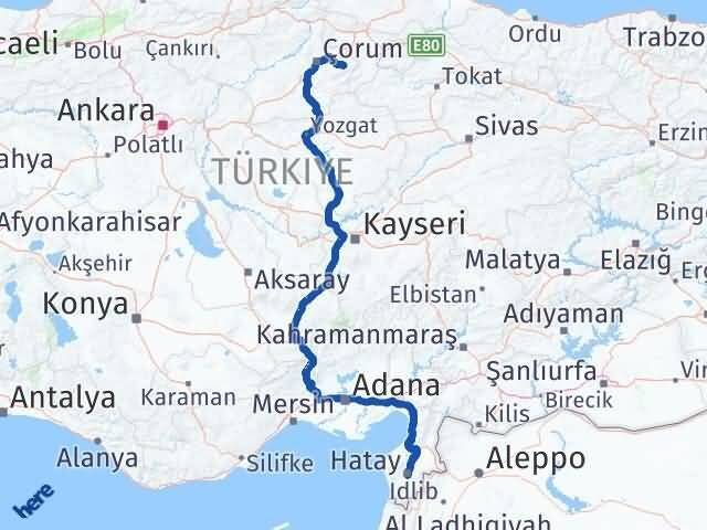 Çorum Mecitözü Hatay Arası Kaç Km - Yol Haritası