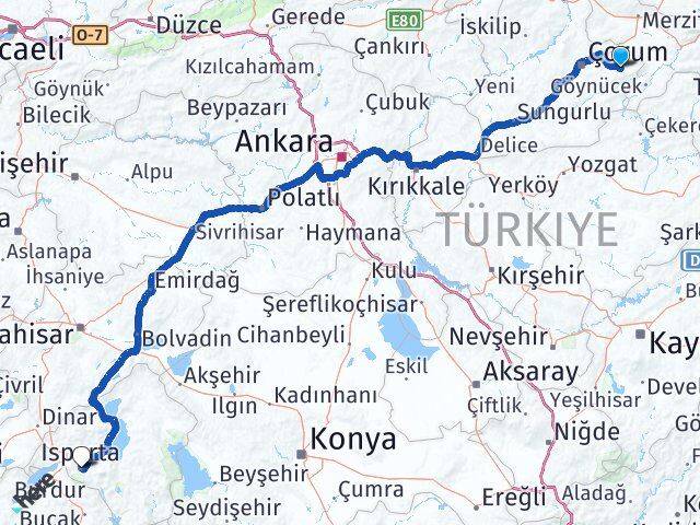 Çorum Mecitözü Isparta Arası Kaç Km - Yol Haritası