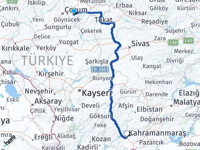 Çorum Mecitözü Kahramanmaraş Arası Kaç Km - Yol Haritası