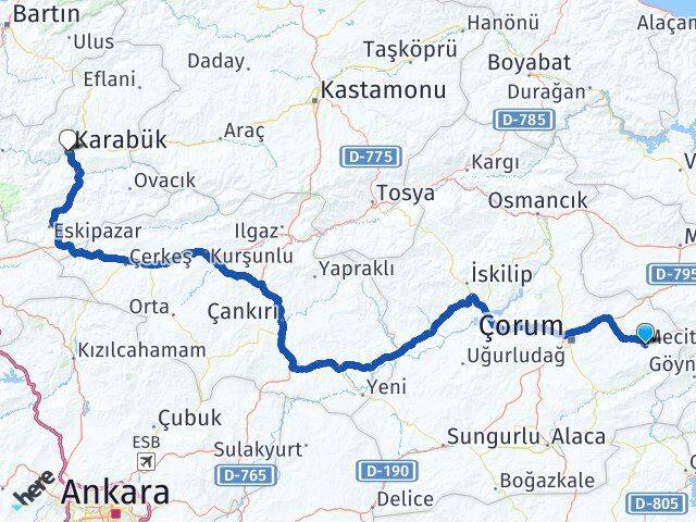 Çorum Mecitözü Karabük Arası Kaç Km - Yol Haritası