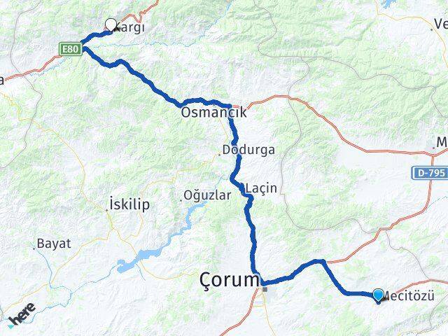 Çorum Mecitözü Kargı Arası Kaç Km - Yol Haritası