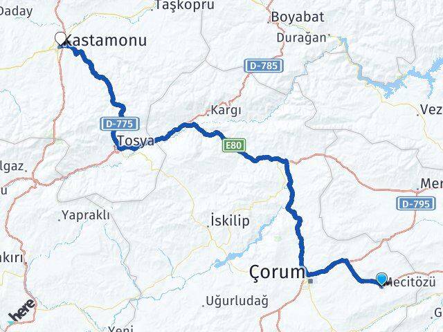 Çorum Mecitözü Kastamonu Arası Kaç Km - Yol Haritası
