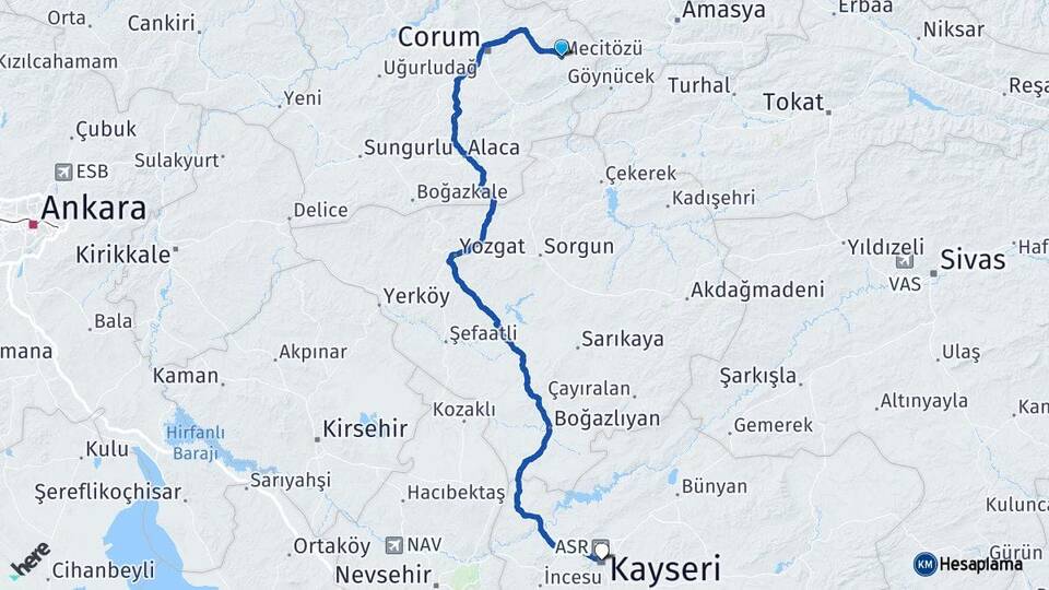 Çorum Mecitözü Kayseri Arası Kaç Km - Yol Haritası