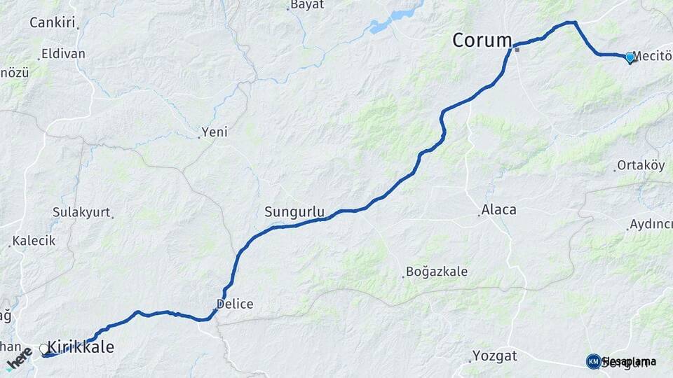 Çorum Mecitözü Kırıkkale Arası Kaç Km - Yol Haritası