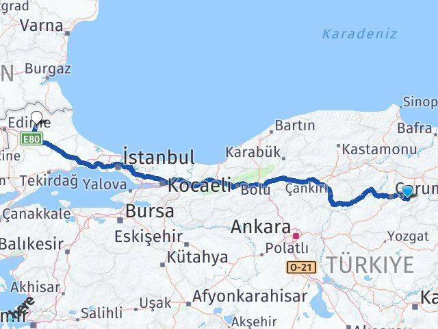 Çorum Mecitözü Kırklareli Arası Kaç Km - Yol Haritası