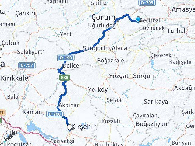 Çorum Mecitözü Kırşehir Arası Kaç Km - Yol Haritası