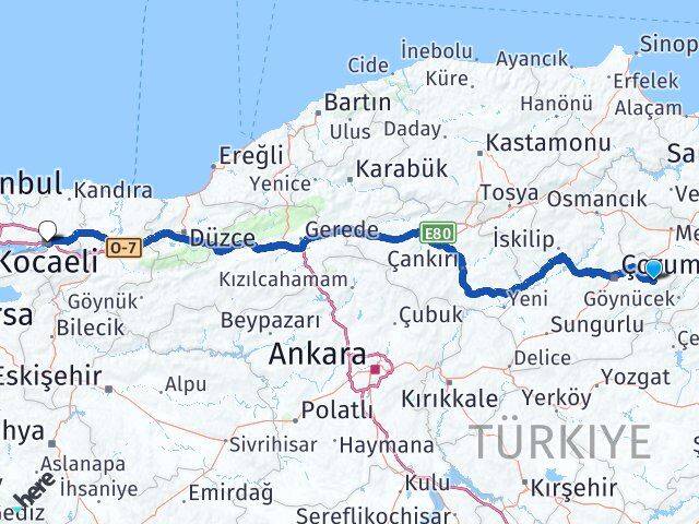 Çorum Mecitözü Kocaeli Arası Kaç Km - Yol Haritası