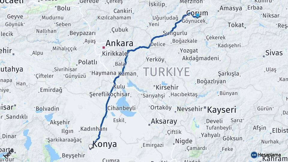 Çorum Mecitözü Konya Arası Kaç Km - Yol Haritası