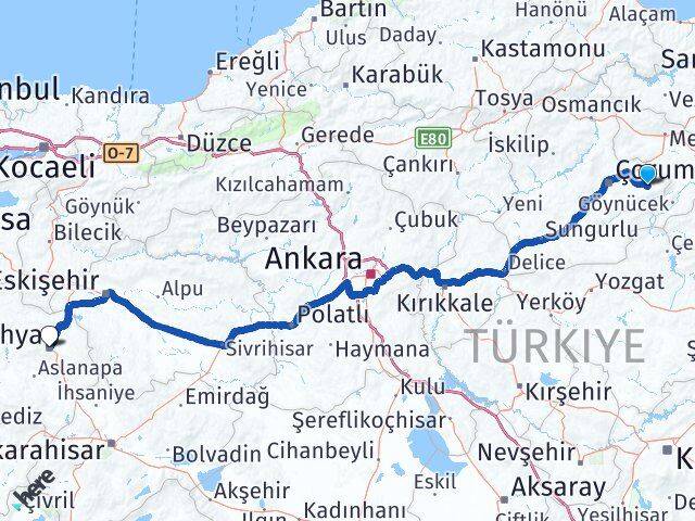 Çorum Mecitözü Kütahya Arası Kaç Km - Yol Haritası