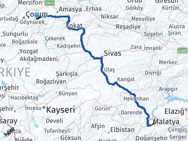 Çorum Mecitözü Malatya Arası Kaç Km - Yol Haritası