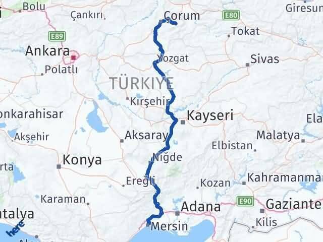 Çorum Mecitözü Mersin Arası Kaç Km - Yol Haritası
