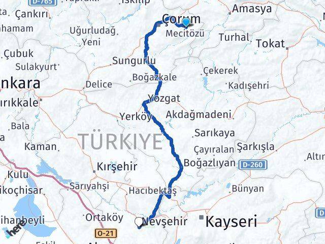 Çorum Mecitözü Nevşehir Arası Kaç Km - Yol Haritası