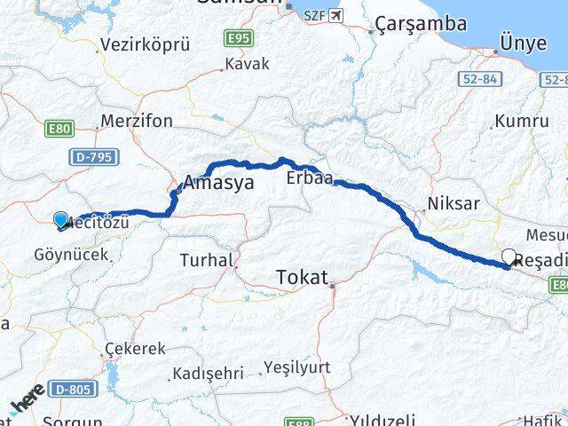 Çorum Mecitözü Reşadiye Tokat Arası Kaç Km - Yol Haritası