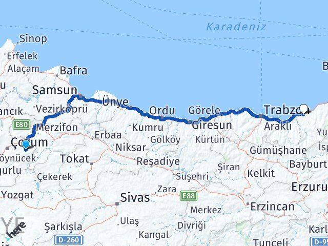 Çorum Mecitözü Rize Arası Kaç Km - Yol Haritası
