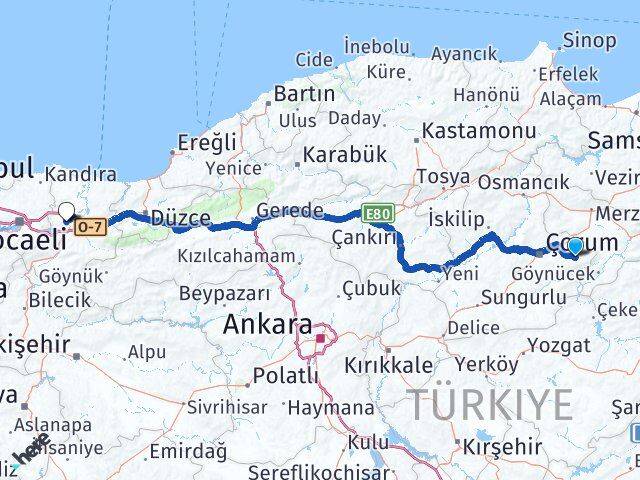 Çorum Mecitözü Sakarya Arası Kaç Km - Yol Haritası