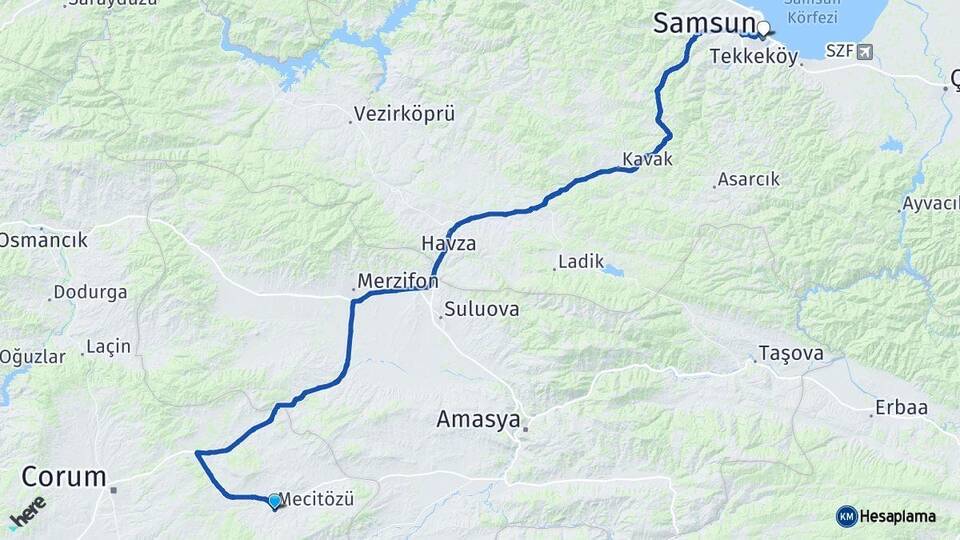Çorum Mecitözü Samsun Arası Kaç Km - Yol Haritası