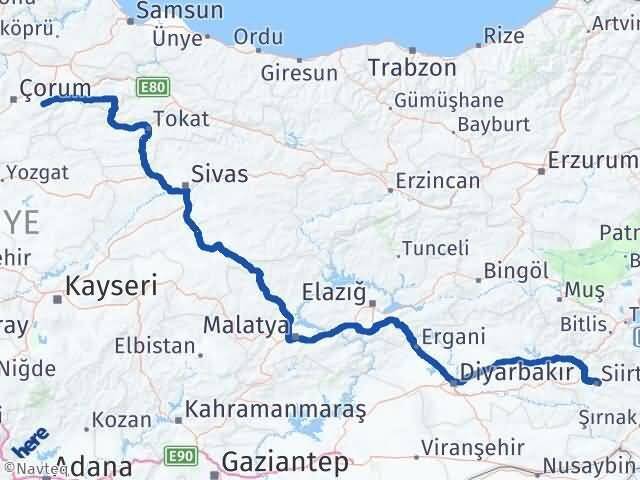 Çorum Mecitözü Siirt Arası Kaç Km - Yol Haritası