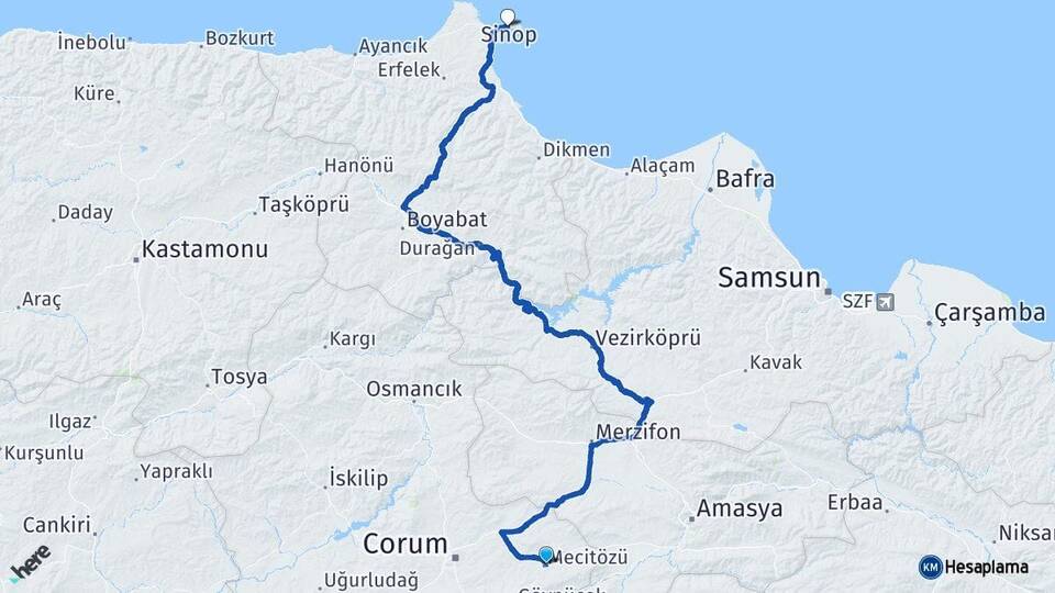 Çorum Mecitözü Sinop Arası Kaç Km - Yol Haritası