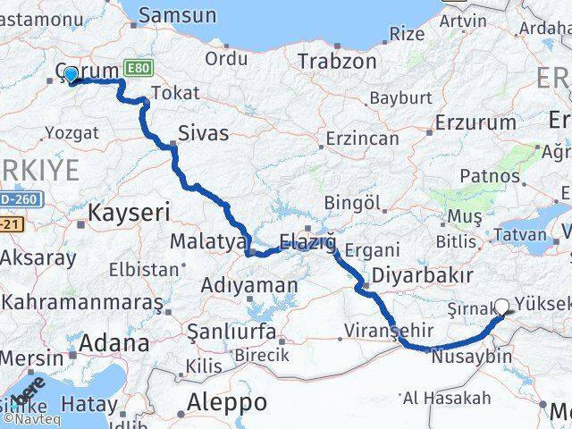 Çorum Mecitözü Şırnak Arası Kaç Km - Yol Haritası