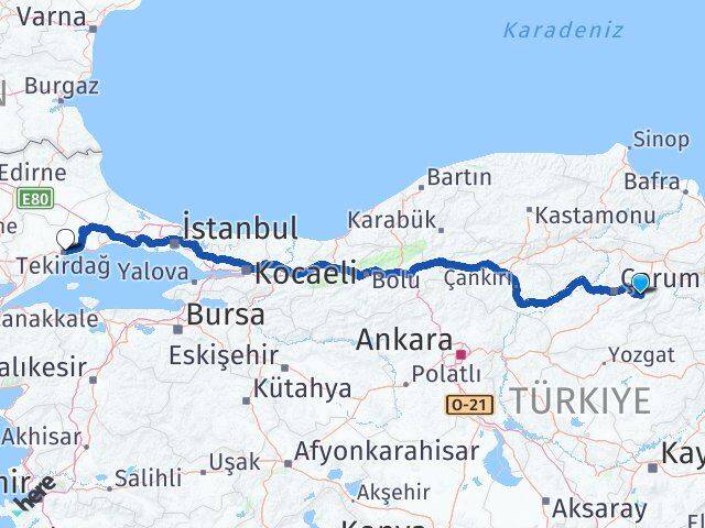 Çorum Mecitözü Tekirdağ Arası Kaç Km - Yol Haritası
