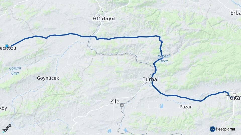 Çorum Mecitözü Tokat Arası Kaç Km - Yol Haritası