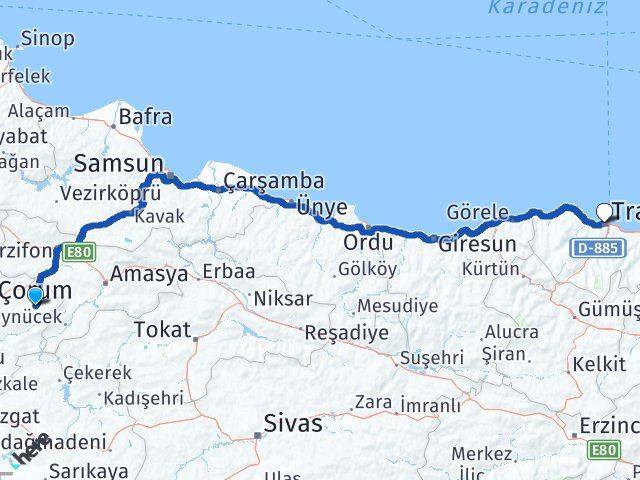 Çorum Mecitözü Trabzon Arası Kaç Km - Yol Haritası