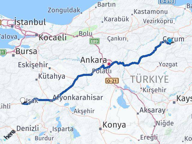 Çorum Mecitözü Uşak Arası Kaç Km - Yol Haritası