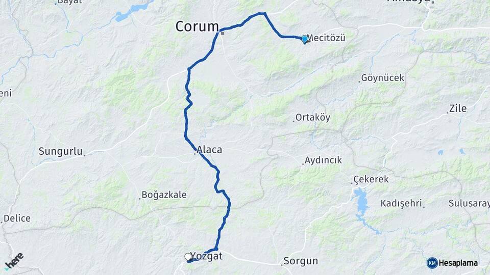Çorum Mecitözü Yozgat Arası Kaç Km - Yol Haritası