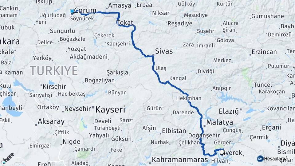 Çorum Menzil Kahta Adıyaman Arası Kaç Km - Yol Haritası