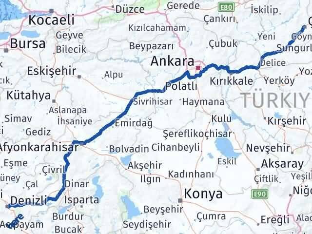 Çorum Merkezefendi Denizli Arası Kaç Km - Yol Haritası