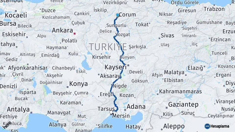 Çorum Mersin Arası Kaç Km - Yol Haritası