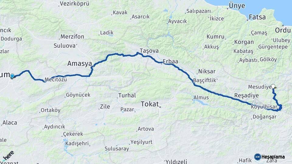 Çorum Mesudiye Ordu Arası Kaç Km - Yol Haritası