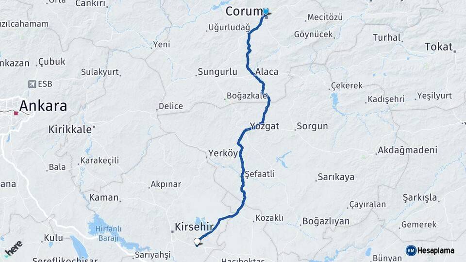 Çorum Mucur Kırşehir Arası Kaç Km - Yol Haritası