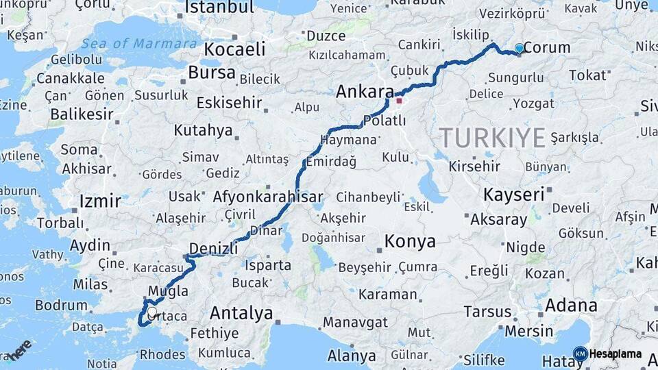 Çorum Muğla Arası Kaç Km - Yol Haritası