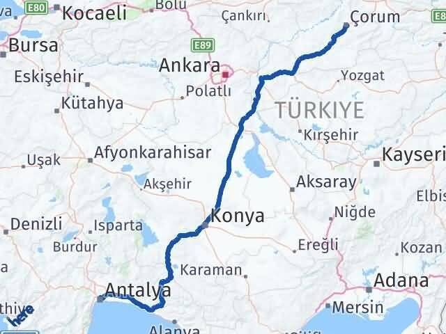 Çorum Muratpaşa Antalya Arası Kaç Km - Yol Haritası