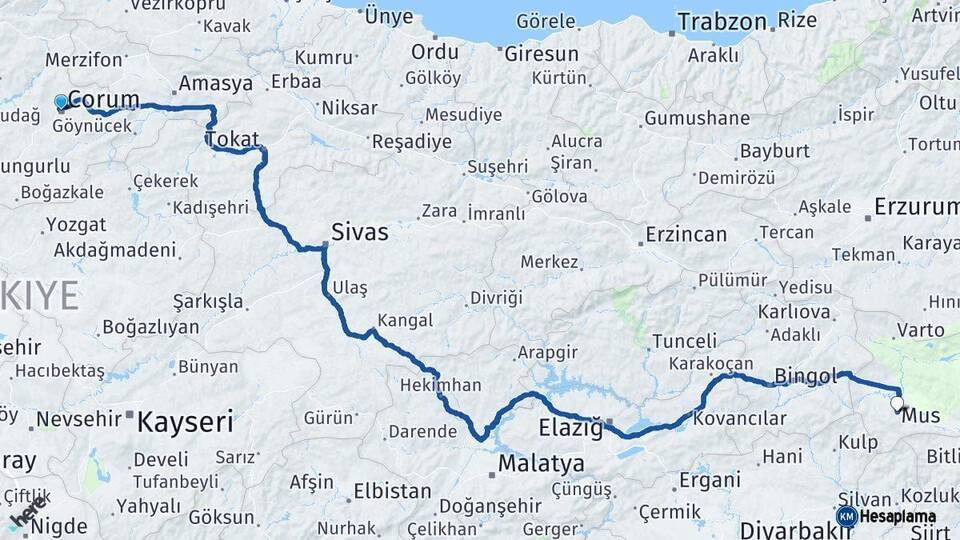 Çorum Muş Arası Kaç Km - Yol Haritası