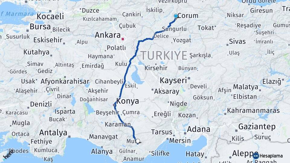 Çorum Mut Mersin Arası Kaç Km - Yol Haritası